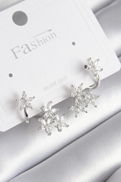 SORA GROUP Brass Silver Color Zircon Stone Flower Design Women's Earrings