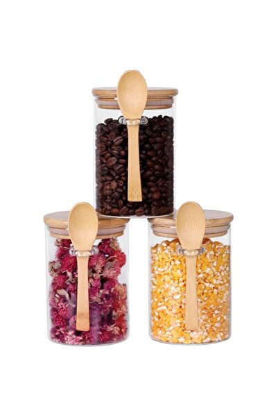 Generic 3Pcs Glass Jars with Bamboo Lids & Spoons : 550ml Airtight Glass Spic...