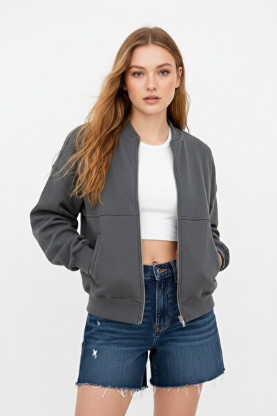Runades Kadın Basic Oversize Fermuarlı Günlük Bomber Ceket