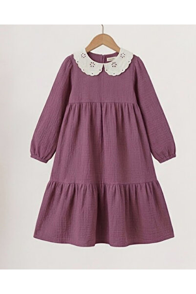 Angel&Co. Girls Clothing Embroidered Collar Muslin Midi Dress-Purple