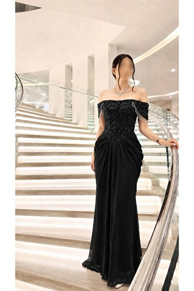 Mar style Off Shoulder Beaded Corset Mermaid Long Evening Dress Black