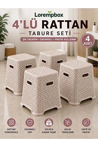 4’lü Dekor Tabure Seti – Dayanıklı Plastik Çok Amaçlı Tabure – Mutfak, Balkon, Salon ve Bahçe Kullanımına Uygun