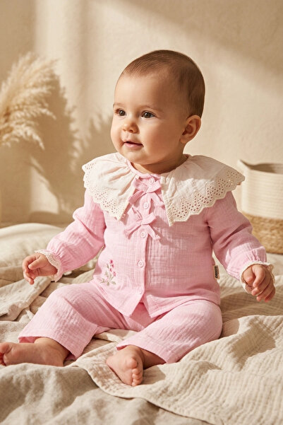 ciciben Baby Girl Pink Muslin 2-Piece Set - Lace Detailed Wide Collar Embroid...