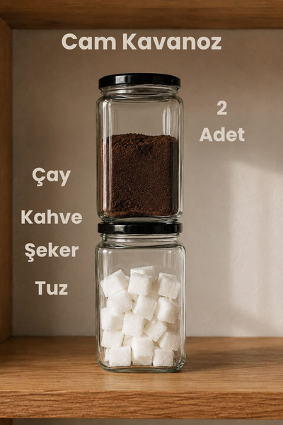 2 Adet Dikdörtgen Cam Çay Kahve Şeker Kavanozu