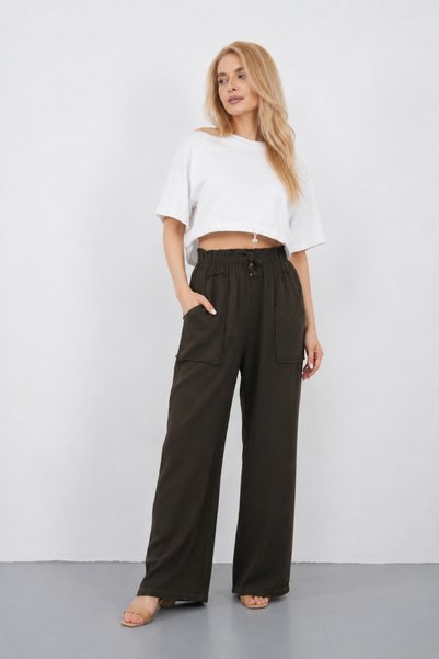 saint majesta Women's Elastic Waist Palazzo Trousers with Pocket Detail, Comfortable