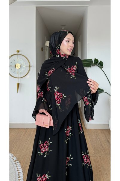 NİLNUR MODA Yeni Sezon Tuba Elbise Abaya Şal Hediyeli Çiçek Nakış Detaylı