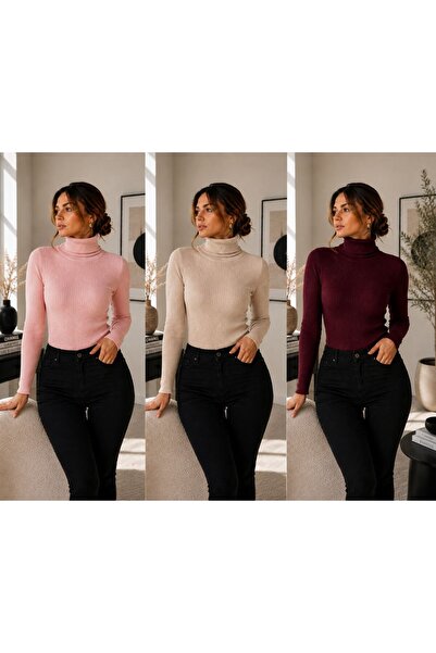 DepoExport Women's 3-Piece Body-Fitting Turtleneck Ribbed Knit Sweater