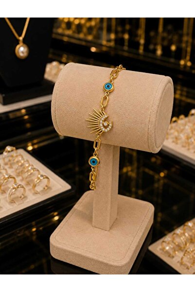 ELANORAFORYOU Gold Steel Bracelet with Evil Eye Beads and Eye Figure – Stoned...