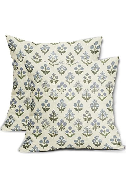 Tazweeq 2 Pcs Blue Green Block Print Pillow Covers, 45 X 45 CM Vintage Floral...