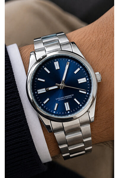 Weluxa Men's Wristwatch 37 mm Small Case Silver Color Navy Blue Dial Casual a...