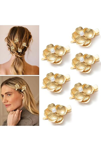 ELECDON 6 Pack Gold Flower Hair Clips with Pearl Accents - 6 Pieces of Gold F...