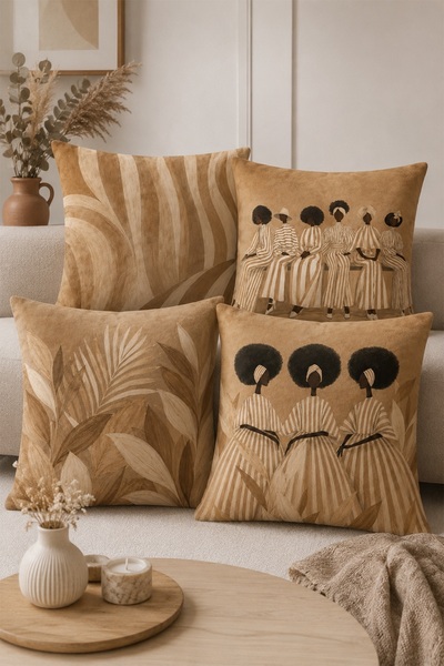 EVPANYA Set de 4 huse de pernă cu model abstract cu fete în tonuri de cafea