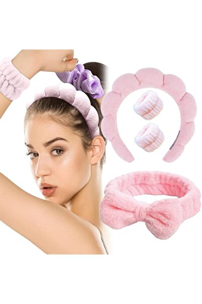 Roxolana Pink Spa Headband & Wristband Set Soft Absorbent Elastic for Face Wa...