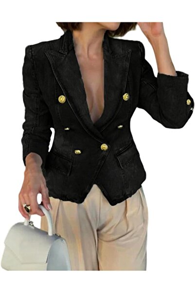 Generic Women's Denim Blazer Notched Lapel Double Breasted Fashion Casual Sli...