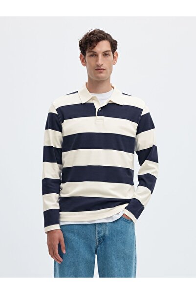 SELECTED Langarm-Poloshirt Gestreiftes Baumwoll