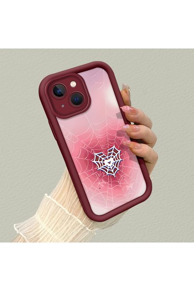 CHICASELUX iPhone 14 Compatible Pink Gradient Heart Spider Web Pattern Silico...