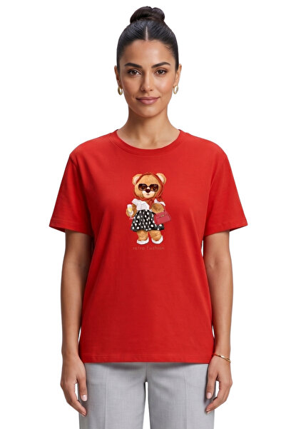 DK DAKSEL Women's Red Retro Teddy Bear Printed T-Shirt Comfortable Fit 100% C...