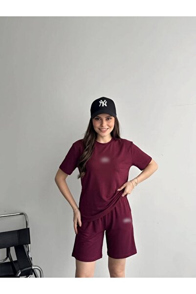 mylunessa Muadil Crew Neck Short Sleeve Burgundy Tracksuit Set with Shorts