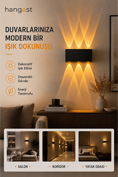 HANGAST PİLLİ AMBER 3 LED Dekoratif Duvar Apliği | Çift Yönlü Yukarı Aşağı Aydınlatma | İç & Dış Mekan Duvar Lambası