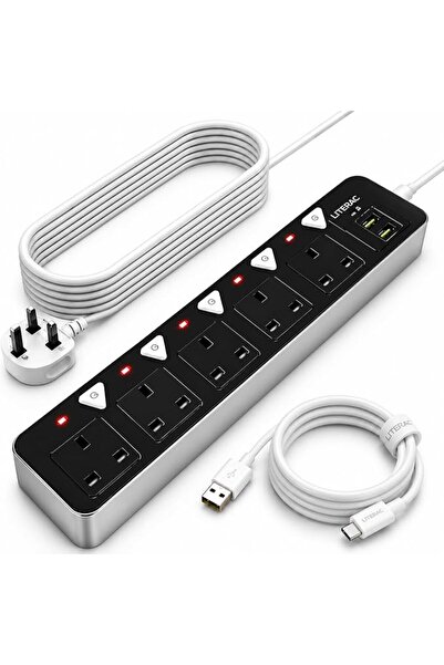 Generic 5 Way Power Strip Surge Protector Extension Cord with 2 USB & 1 Type-...