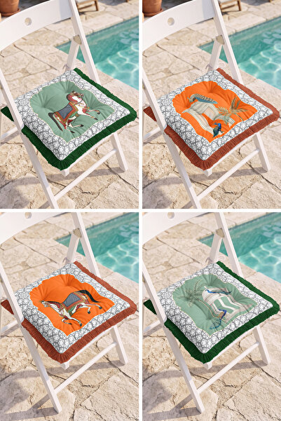 Realhomes Vintage 4-Piece Fringed Puffy Chair Cushion with Horse Figure and T...