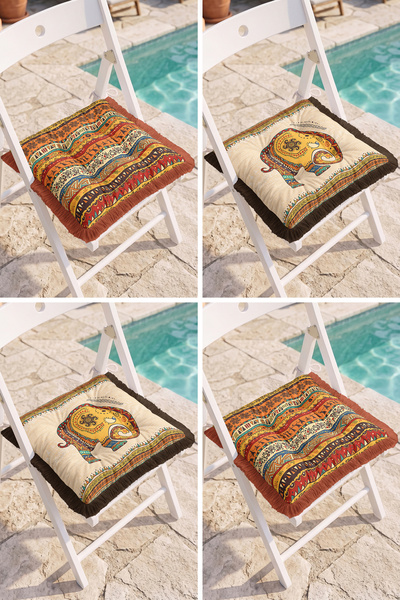 Realhomes Modern 4-Piece Fringed Puffy Chair Cushion Set with Elephant Figure...
