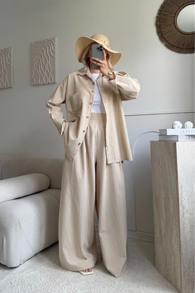 SUMEF Beige Lace Pocket Detailed 100% Cotton Linen Oversize 38:48 Matching Wo...
