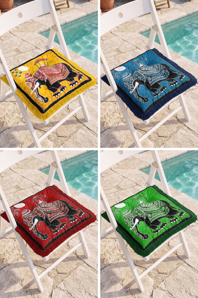 Realhomes Colorful Elephant Figured Ethnic Patterned 4-Piece Fringed Puffy Ch...