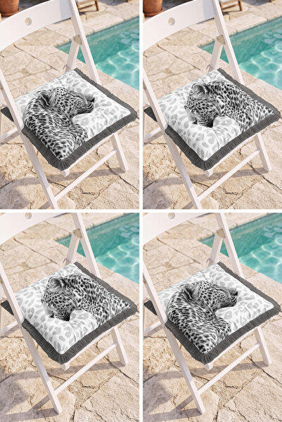 Realhomes Leopard Figured Gray and White Patterned Modern 4-Piece Fringed Puf...