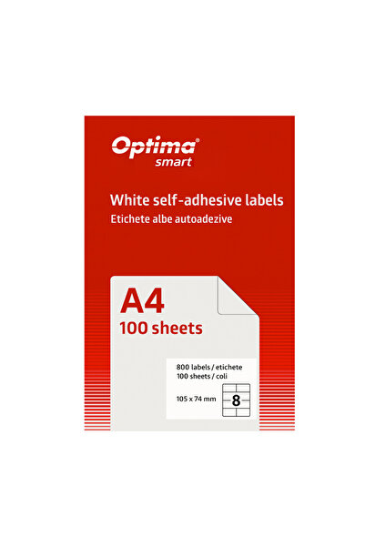Optima Self-Adhesive White Labels 8/A4, 105 X 74 Mm, 100 Sheets/Pack, Smart S...