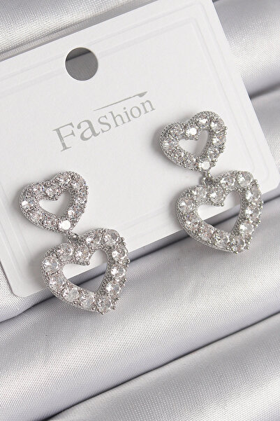 SORA GROUP Brass Silver Color Zircon Stone Dangle Heart Model Women's Earrings
