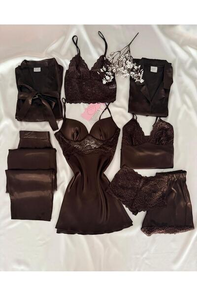 MH Moony Homewears 8-Piece Brown Boxed Covered Nightgown, Dressing Gown, Paja...