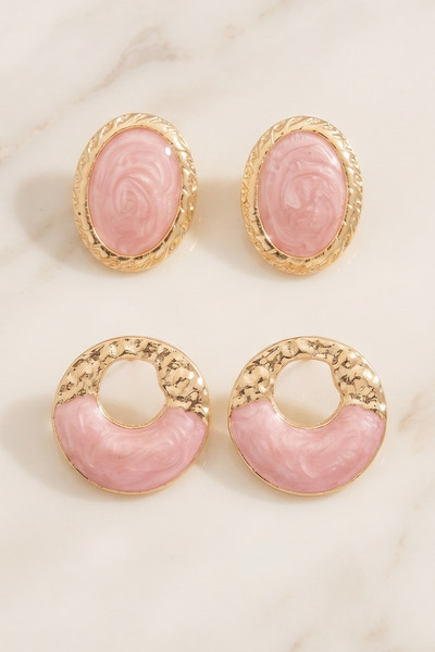 AURRARİ Pink 2-Piece Perforated and Ellipse Vintage Earring Set