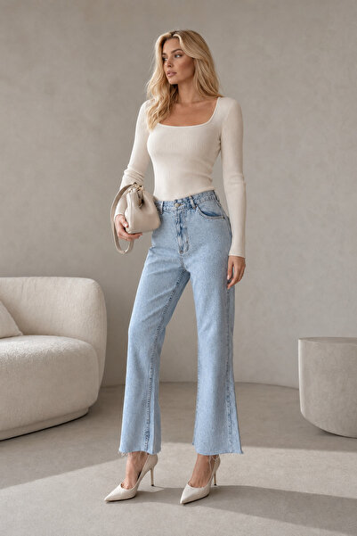 SHEVEGA Ice Blue Cropped Palazzo Jean Denim Trousers