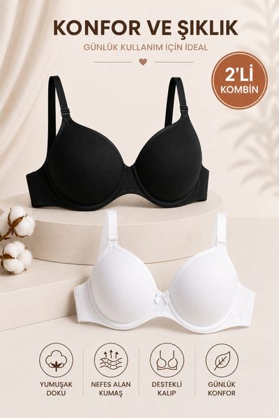 Alıç Women's Supportive Bra 2-Pack – Black and White Color Combination Daily ...