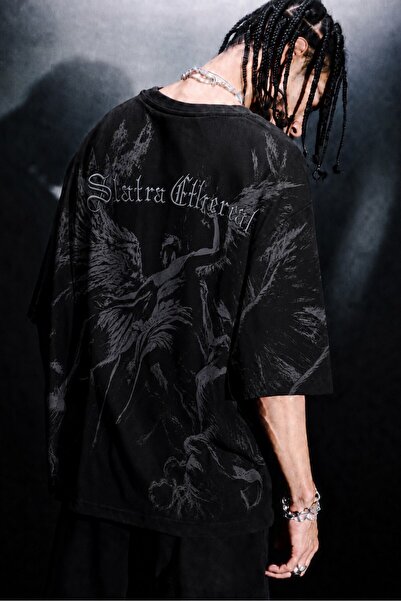 Slatra Erkek Siyah Ethereal Nakış Oversize Tshirt