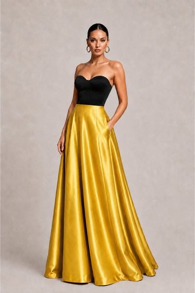 2021 NSM LİFE quality of life Women's Gold Satin Pleated Flared Skirt with Pockets