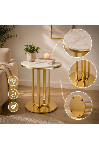 OEM Masa de Cafea Rotunda cu Aspect Marmura, 40 x 55 cm, Cadru Metalic Auriu