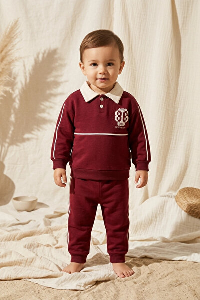 ciciben Ruby College Series Cotton Polo Collar Claret Red Baby Tracksuit Set ...