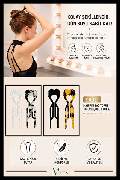 MAZEN 2 Adet Kalp Model Hairpin Saç Topuz Tokası Çubuk Toka Siyah Beyaz 9 cm