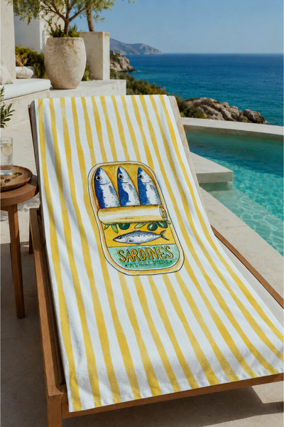 Evmila Žuto-beli prugasti sardinski konzervirani peškir za plažu sa uzorkom 7...