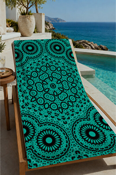 Evmila Turquoise Black Mandala Patterned 70X150 Beach Towel - Digital Printed...