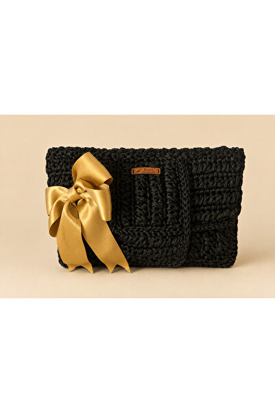 Bucci Handmade Siyah Örgü Clutch Çanta – Gold Fiyonk Detaylı El Yapımı Özel Tasarım Abiye Çanta