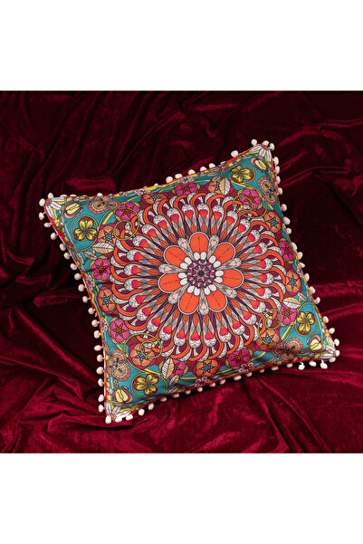 Turkuaz Turuncu Mandala Desenli Ponponlu Bohem Salon Kırlent Kılıfı 45x45 cm