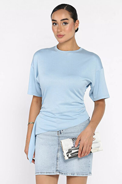 Aryena Blue Women's Crew Neck T-Shirt with Side Detail