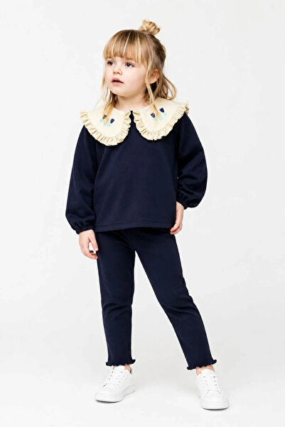 Minigimin Cicileri Tulip Collar Embroidery Detailed Girls' Tights Set - Blue