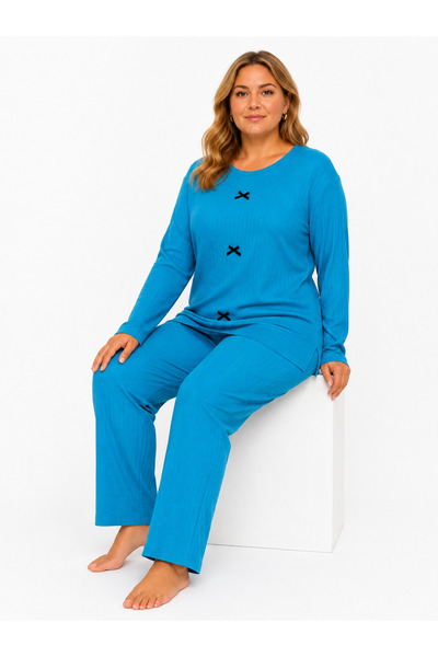FAMES PİJAMA Büyük Beden Kaşkorse Mevsimlik Mavi Pijama Takımı