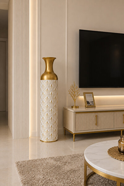 MİS KİTCHEN 84 cm White Gold Motif Tall Floor Vase – Large Decorative Vase
