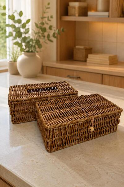 İLİVA 2-Piece Rattan Covered Napkin Holder and Organizer Basket Natural Handm...
