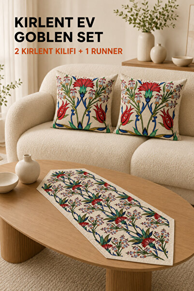 KIRLENT EV Nilüfer Lalesi Goblen Dokuma Runner Ve Goblen Kılıf Set